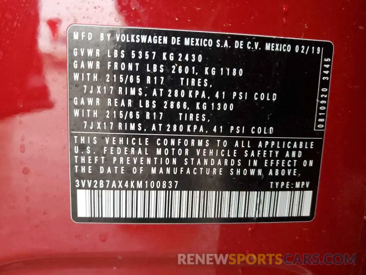 16 Photograph of a damaged car 3VV2B7AX4KM100837 VOLKSWAGEN TIGUAN 2019