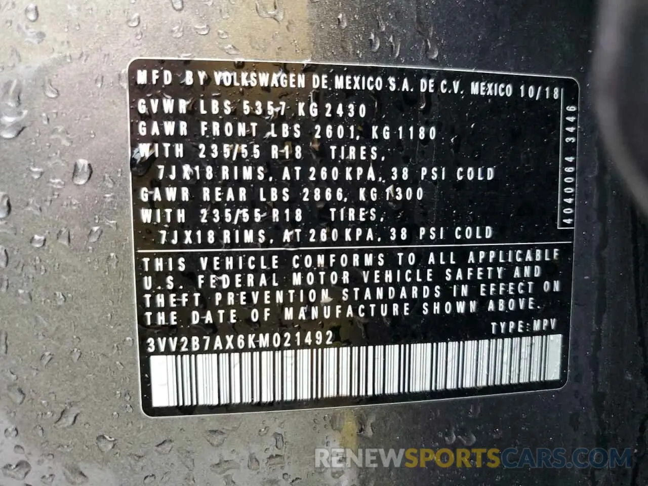 14 Photograph of a damaged car 3VV2B7AX6KM021492 VOLKSWAGEN TIGUAN 2019
