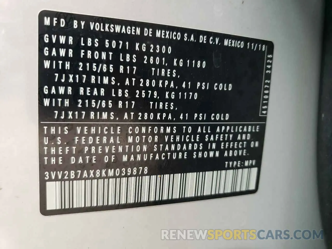13 Photograph of a damaged car 3VV2B7AX8KM039878 VOLKSWAGEN TIGUAN 2019