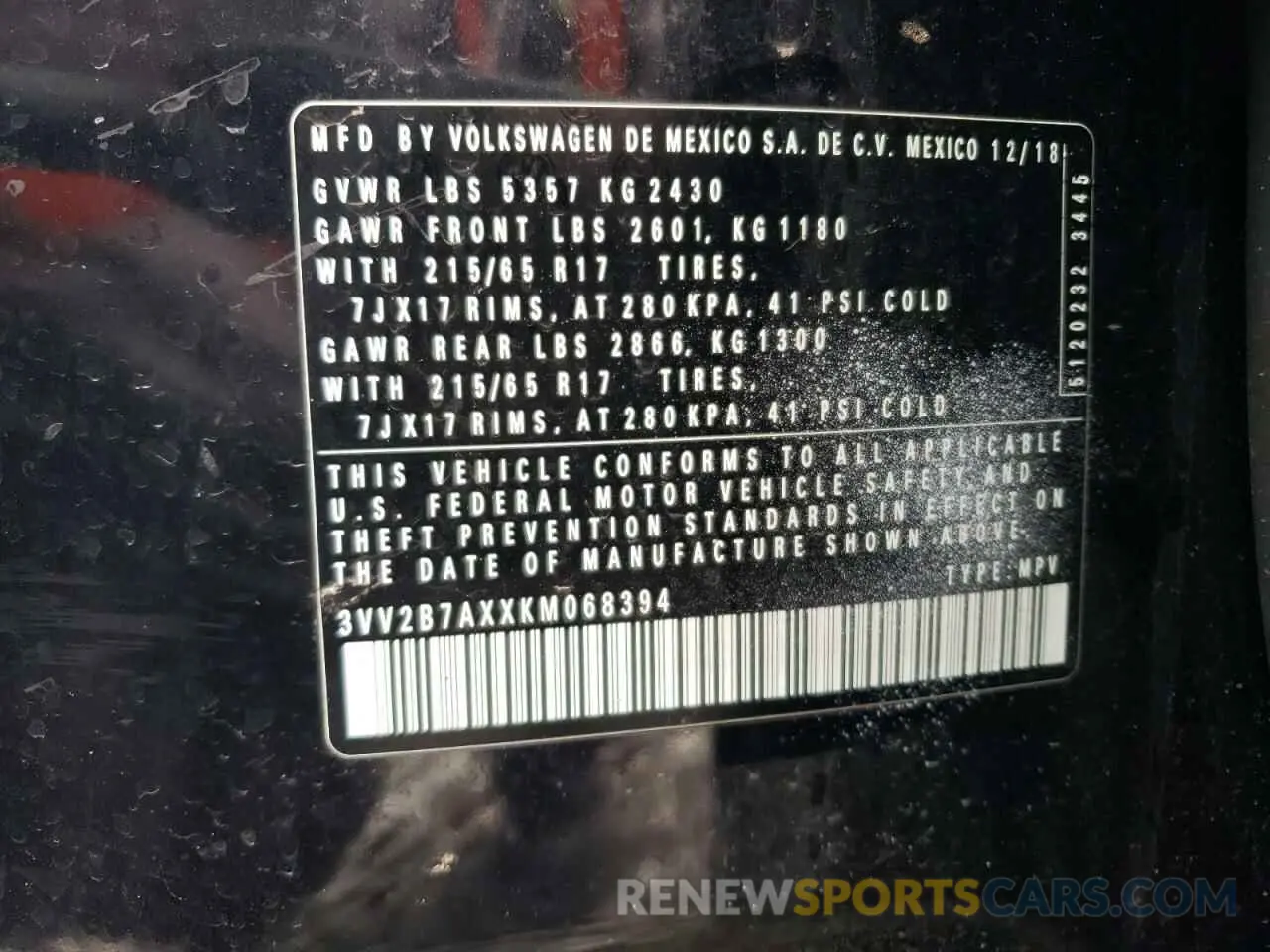 13 Photograph of a damaged car 3VV2B7AXXKM068394 VOLKSWAGEN TIGUAN 2019