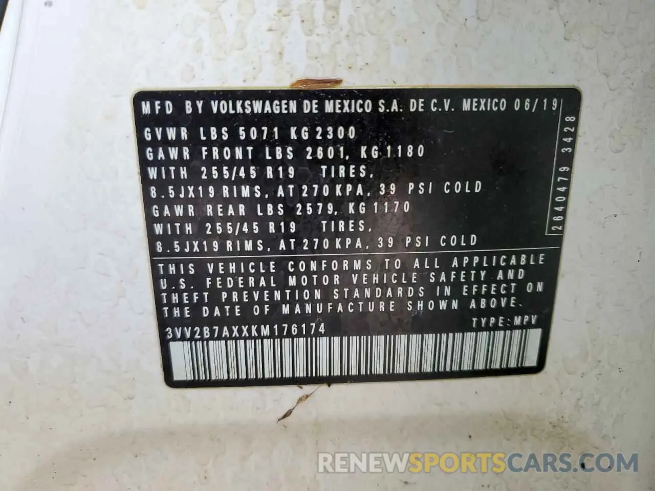 15 Photograph of a damaged car 3VV2B7AXXKM176174 VOLKSWAGEN TIGUAN 2019