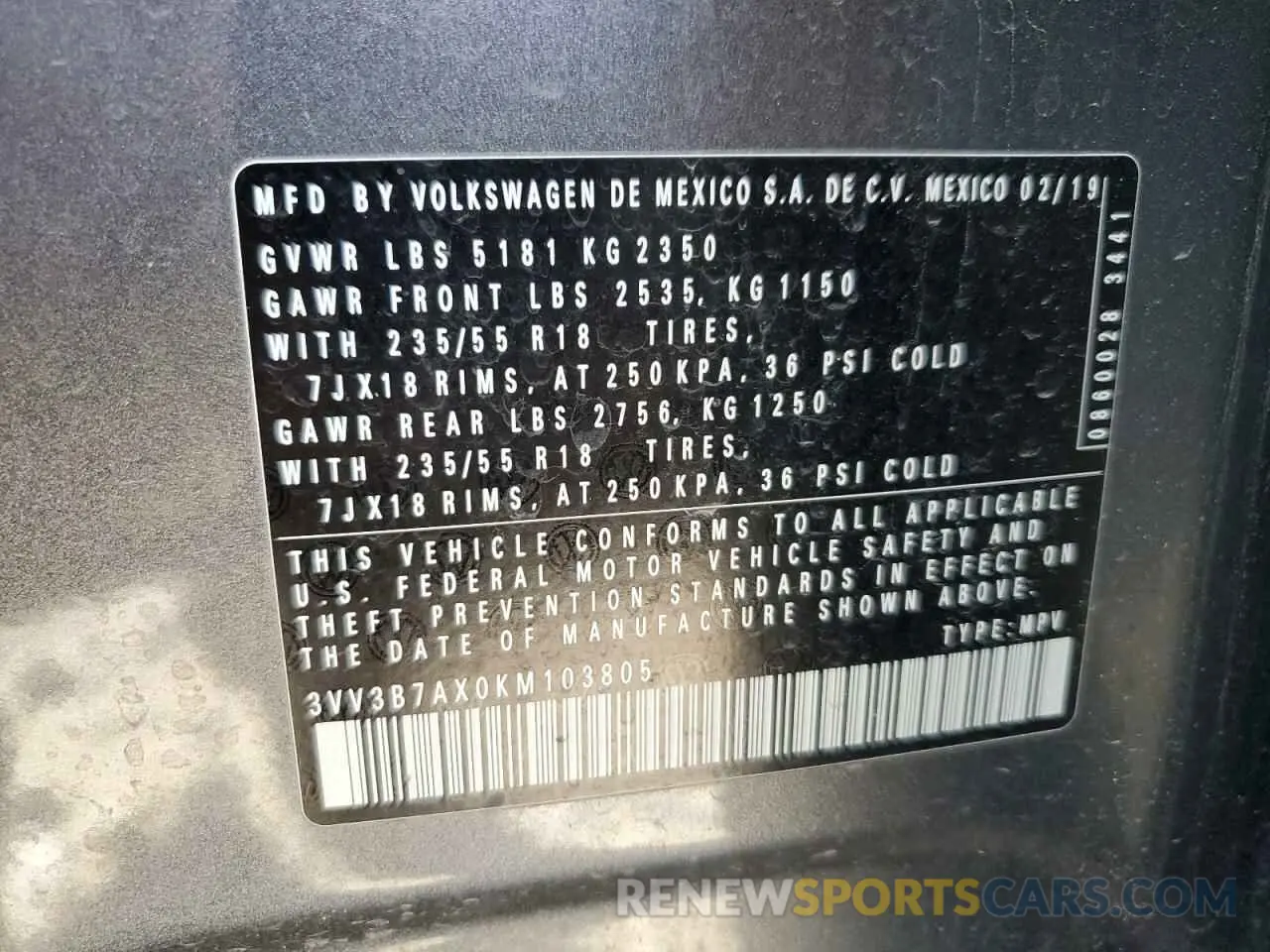 13 Photograph of a damaged car 3VV3B7AX0KM103805 VOLKSWAGEN TIGUAN 2019