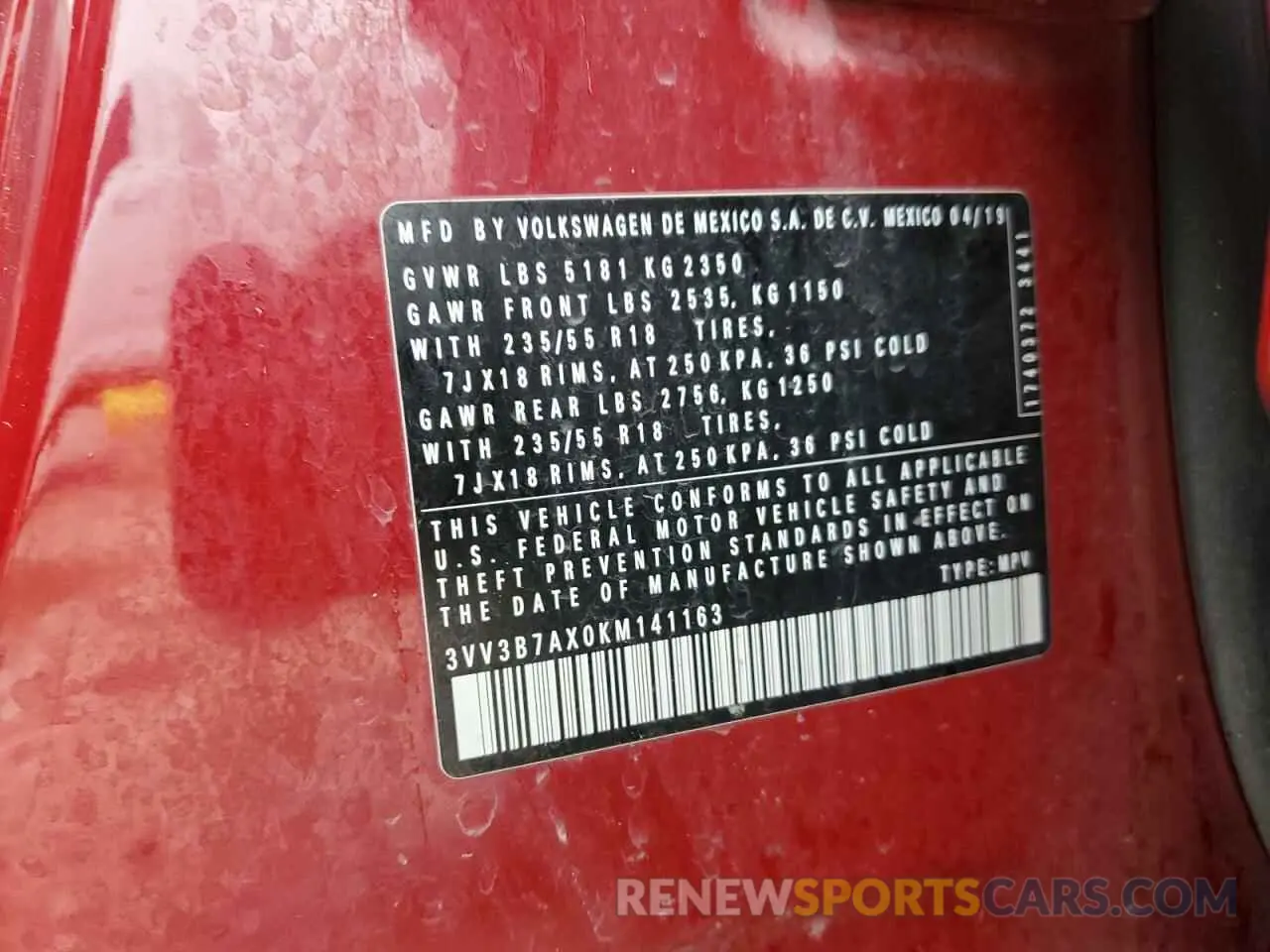 13 Photograph of a damaged car 3VV3B7AX0KM141163 VOLKSWAGEN TIGUAN 2019