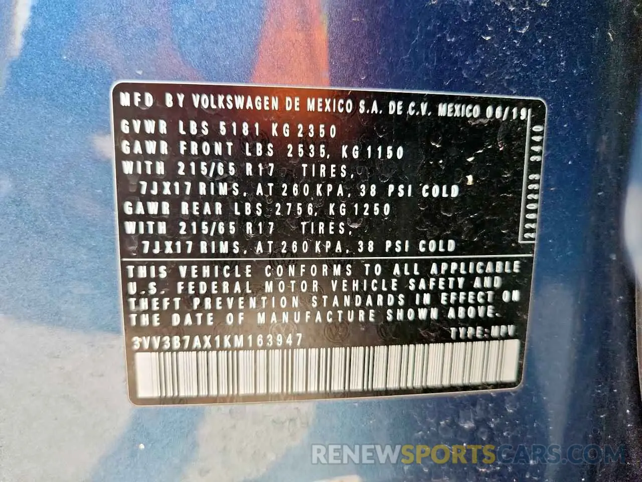 13 Photograph of a damaged car 3VV3B7AX1KM163947 VOLKSWAGEN TIGUAN 2019