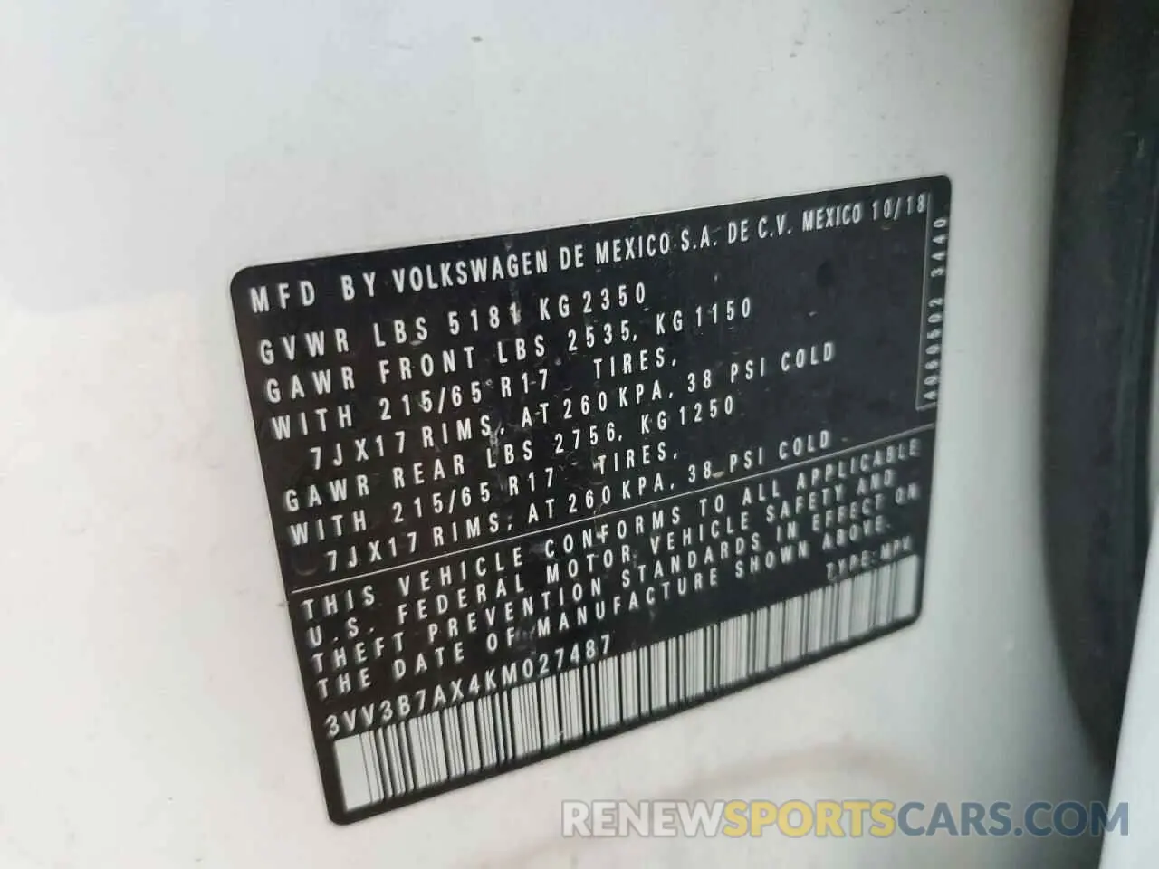 13 Photograph of a damaged car 3VV3B7AX4KM027487 VOLKSWAGEN TIGUAN 2019