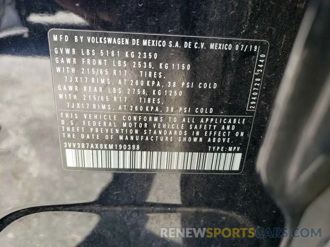 13 Photograph of a damaged car 3VV3B7AX8KM190398 VOLKSWAGEN TIGUAN 2019
