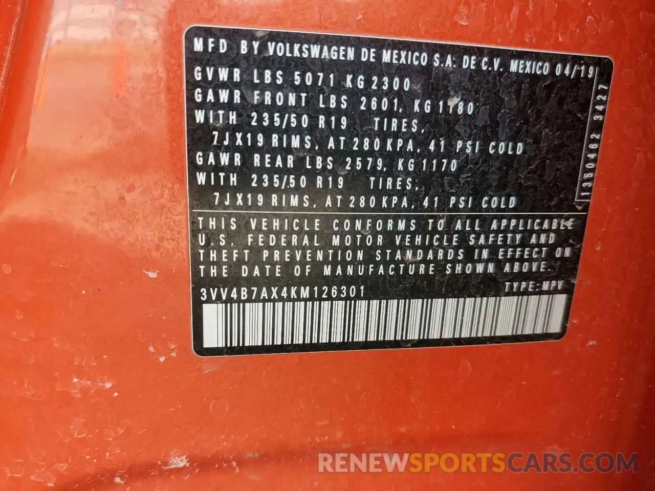 13 Photograph of a damaged car 3VV4B7AX4KM126301 VOLKSWAGEN TIGUAN 2019