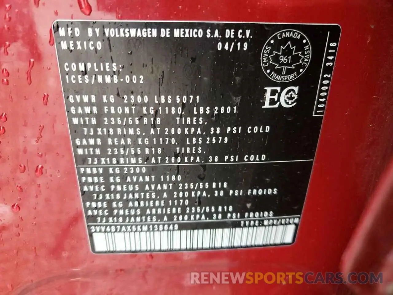 14 Photograph of a damaged car 3VV4B7AX5KM138649 VOLKSWAGEN TIGUAN 2019