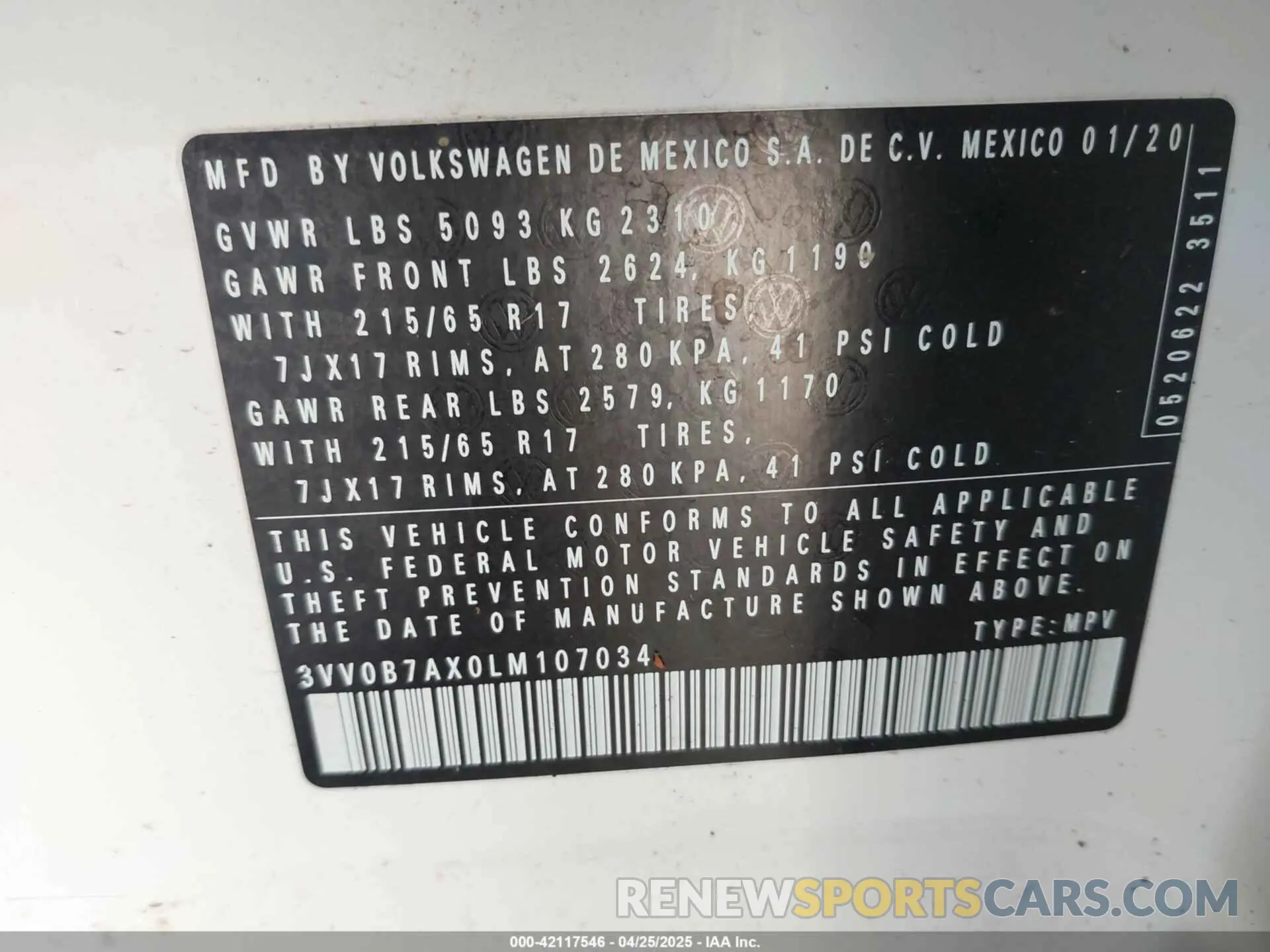 9 Photograph of a damaged car 3VV0B7AX0LM107034 VOLKSWAGEN TIGUAN 2020