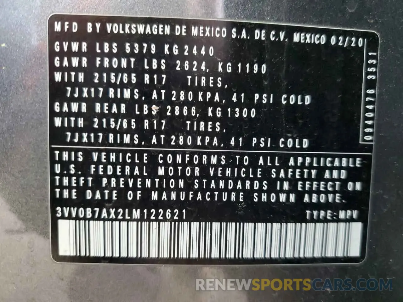 13 Photograph of a damaged car 3VV0B7AX2LM122621 VOLKSWAGEN TIGUAN 2020