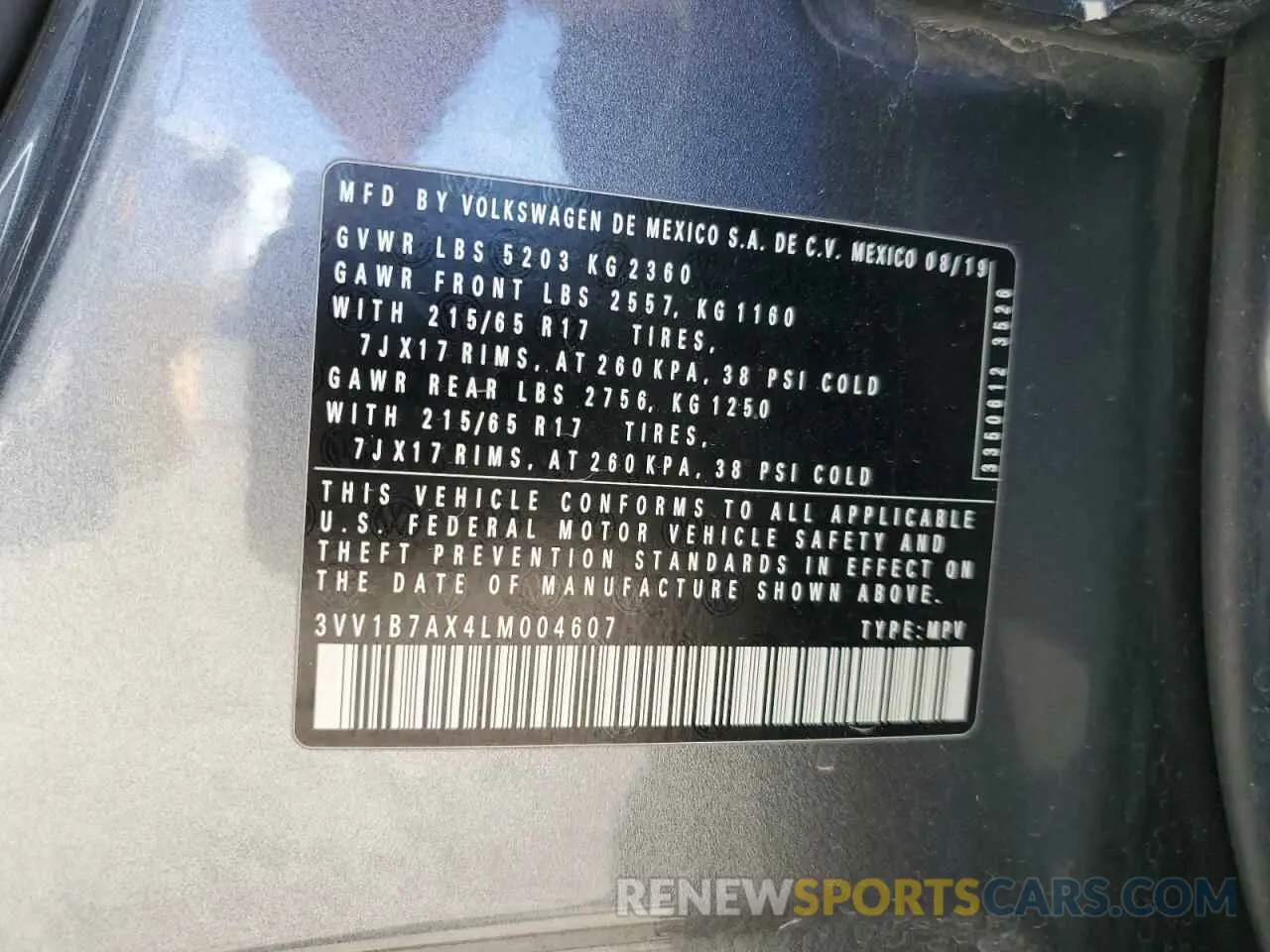 13 Photograph of a damaged car 3VV1B7AX4LM004607 VOLKSWAGEN TIGUAN 2020