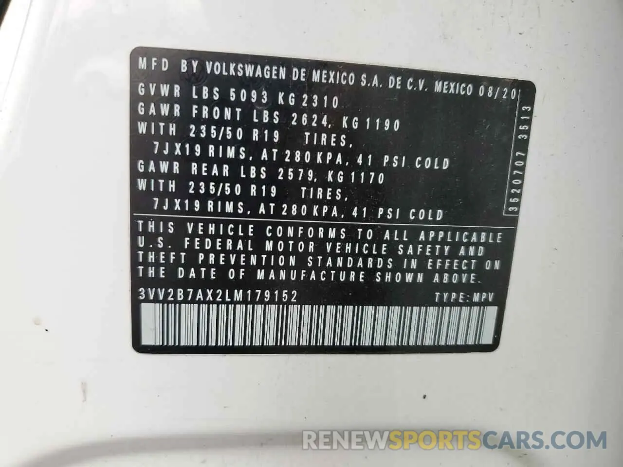 13 Photograph of a damaged car 3VV2B7AX2LM179152 VOLKSWAGEN TIGUAN 2020
