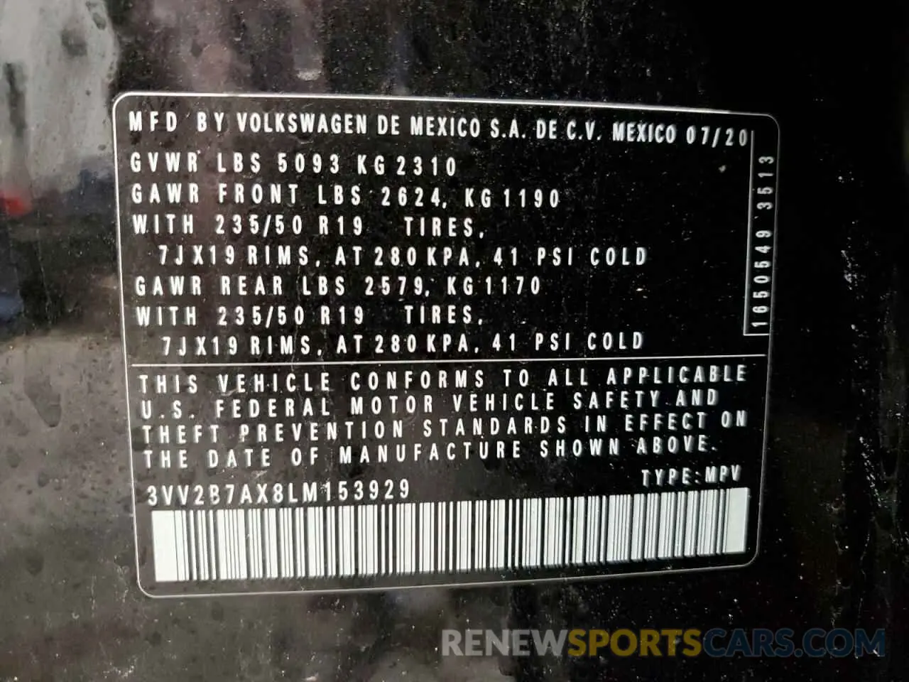 13 Photograph of a damaged car 3VV2B7AX8LM153929 VOLKSWAGEN TIGUAN 2020