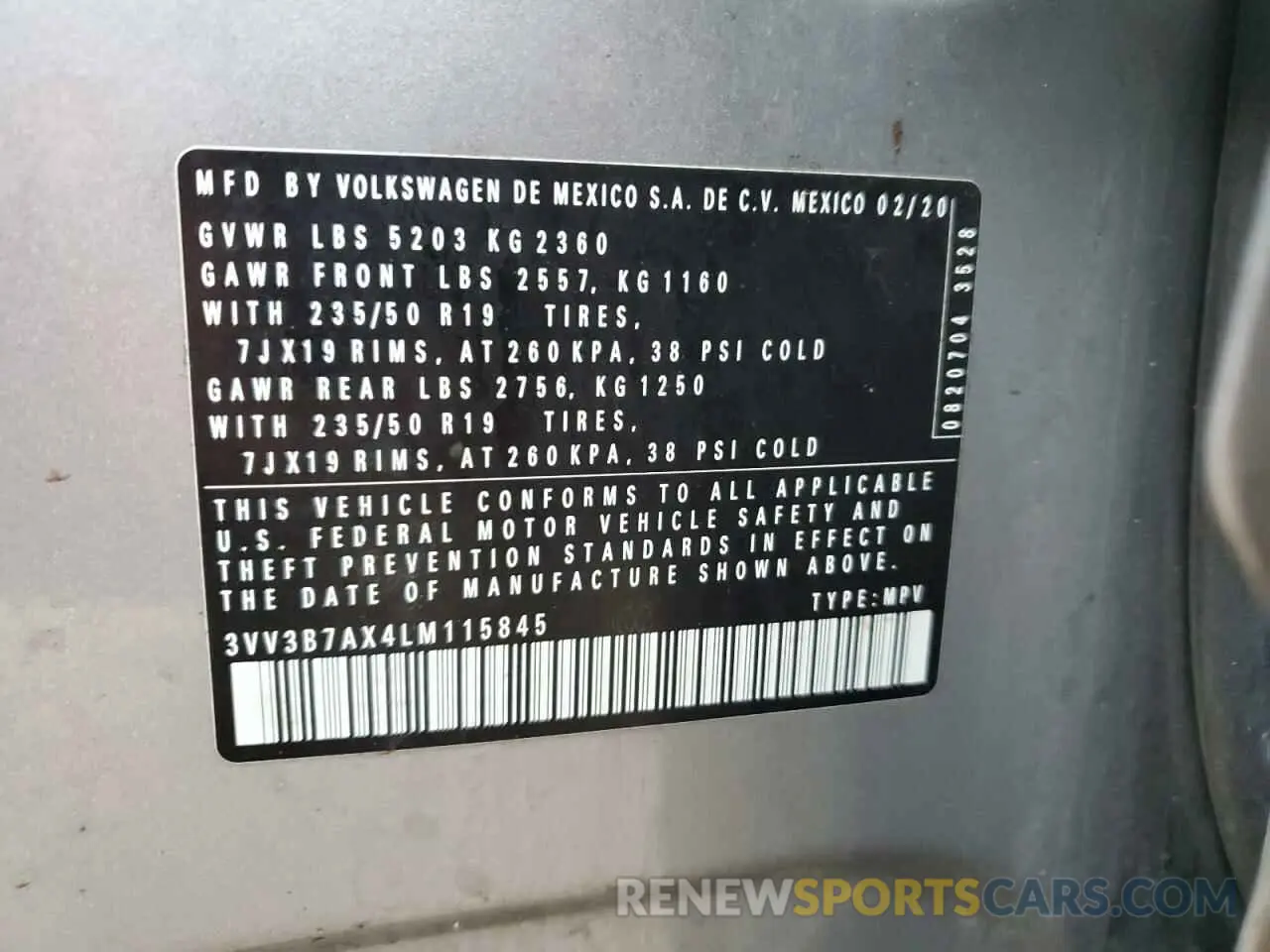 13 Photograph of a damaged car 3VV3B7AX4LM115845 VOLKSWAGEN TIGUAN 2020