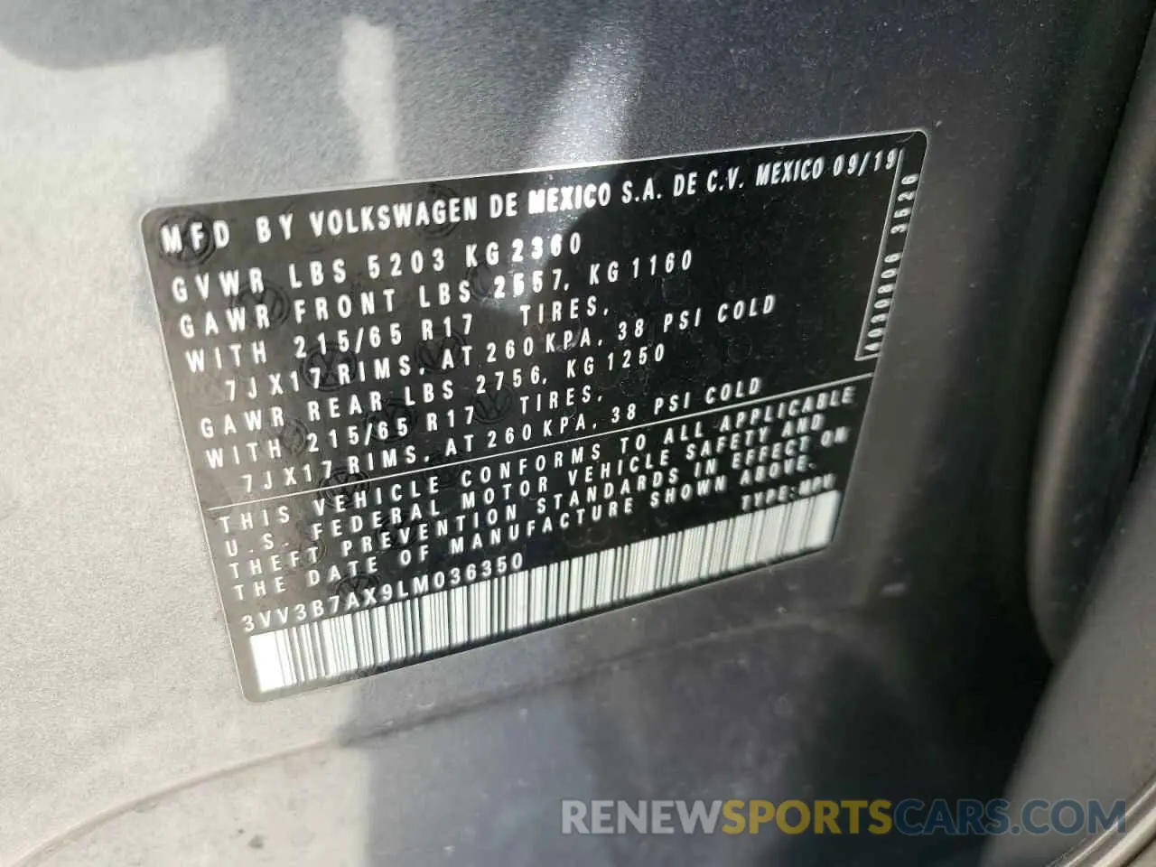 13 Photograph of a damaged car 3VV3B7AX9LM036350 VOLKSWAGEN TIGUAN 2020