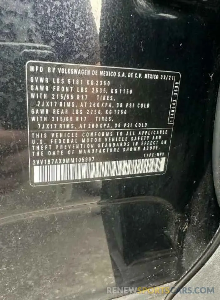 10 Photograph of a damaged car 3VV1B7AX9MM105997 VOLKSWAGEN TIGUAN 2021