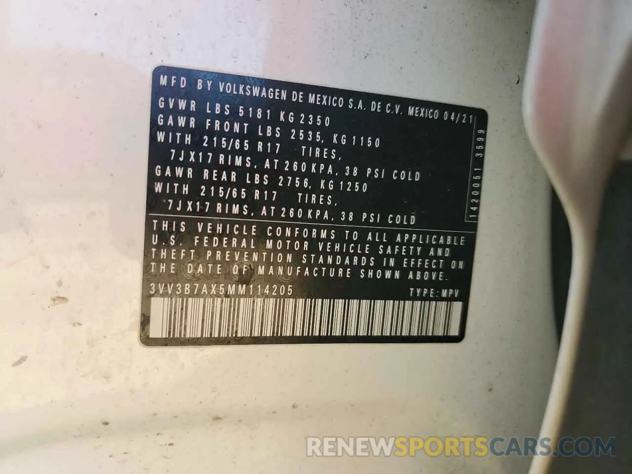 13 Photograph of a damaged car 3VV3B7AX5MM114205 VOLKSWAGEN TIGUAN 2021