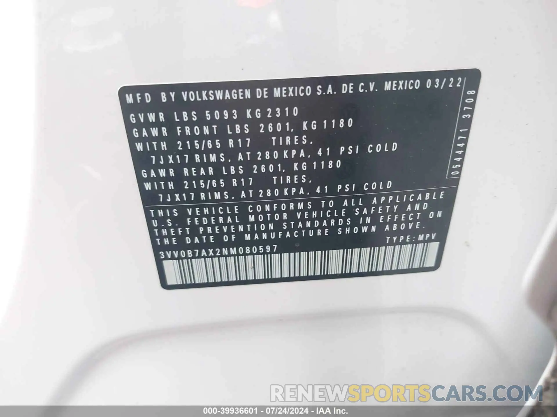 9 Photograph of a damaged car 3VV0B7AX2NM080597 VOLKSWAGEN TIGUAN 2022