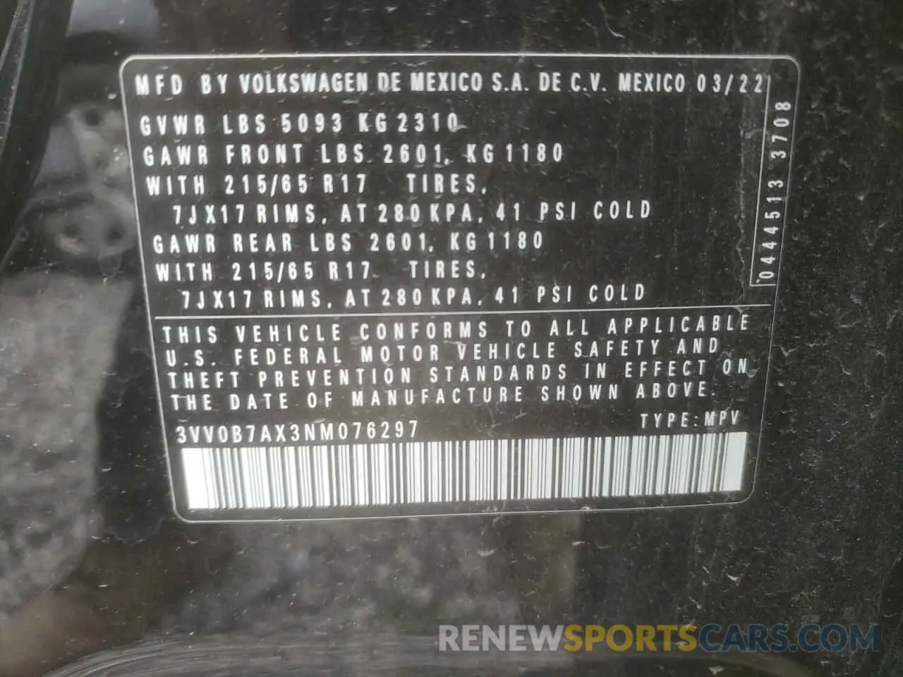 14 Photograph of a damaged car 3VV0B7AX3NM076297 VOLKSWAGEN TIGUAN 2022