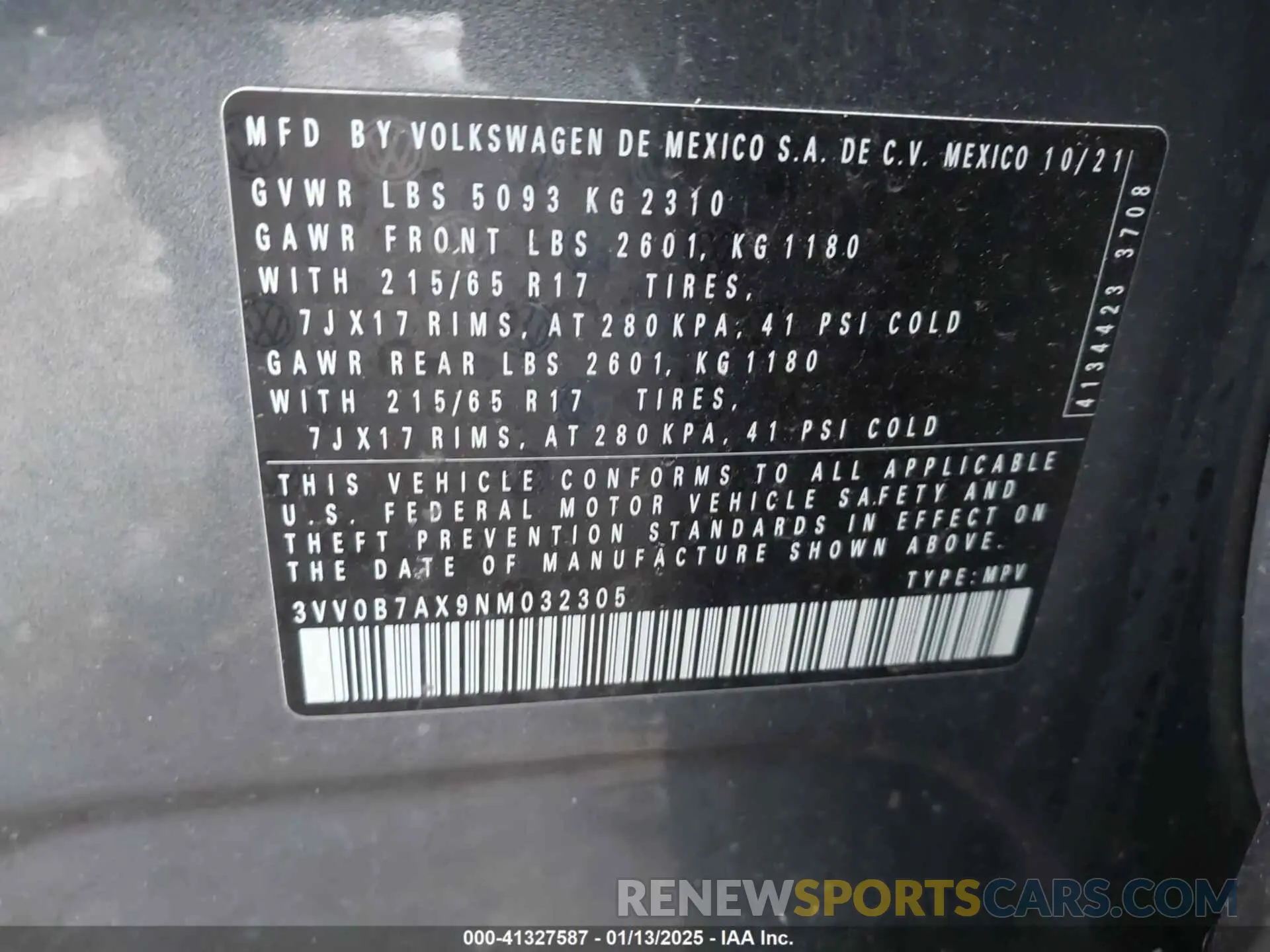 9 Photograph of a damaged car 3VV0B7AX9NM032305 VOLKSWAGEN TIGUAN 2022