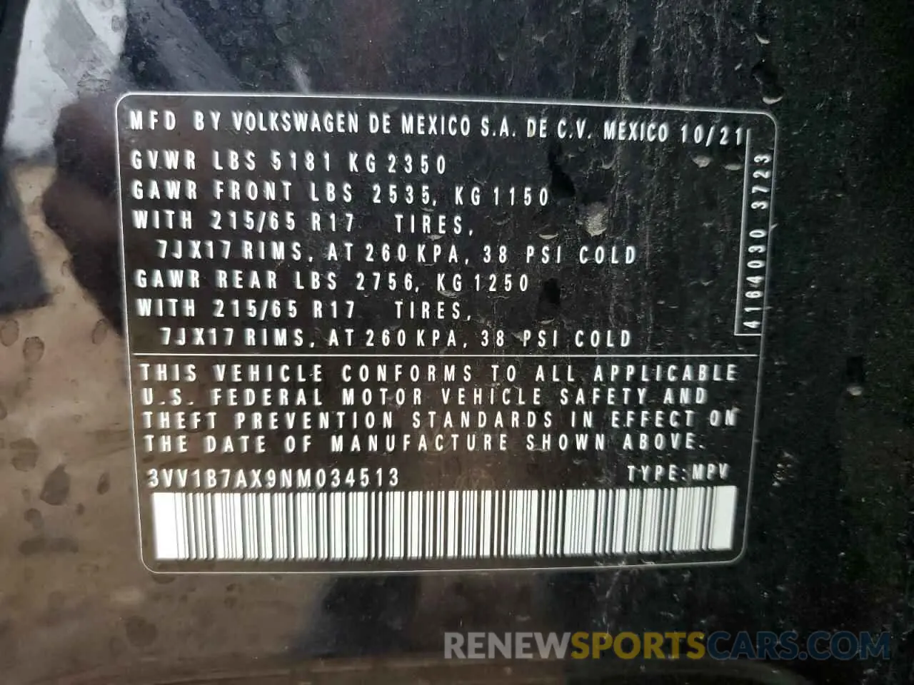 16 Photograph of a damaged car 3VV1B7AX9NM034513 VOLKSWAGEN TIGUAN 2022