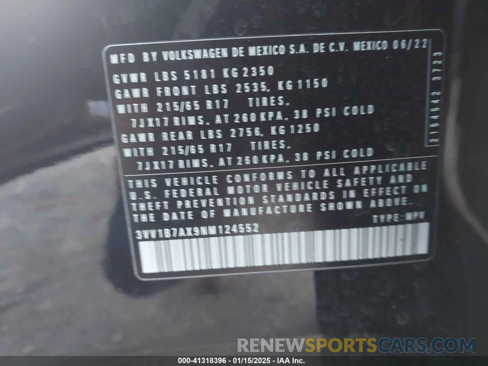 9 Photograph of a damaged car 3VV1B7AX9NM124552 VOLKSWAGEN TIGUAN 2022