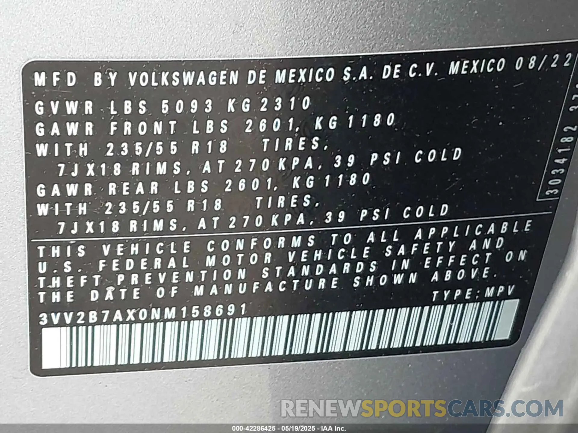 9 Photograph of a damaged car 3VV2B7AX0NM158691 VOLKSWAGEN TIGUAN 2022