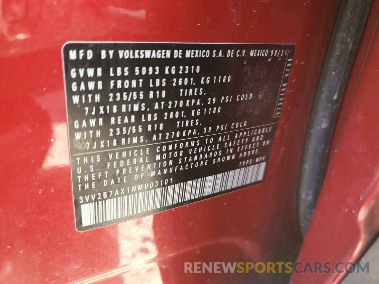 13 Photograph of a damaged car 3VV2B7AX1NM003101 VOLKSWAGEN TIGUAN 2022