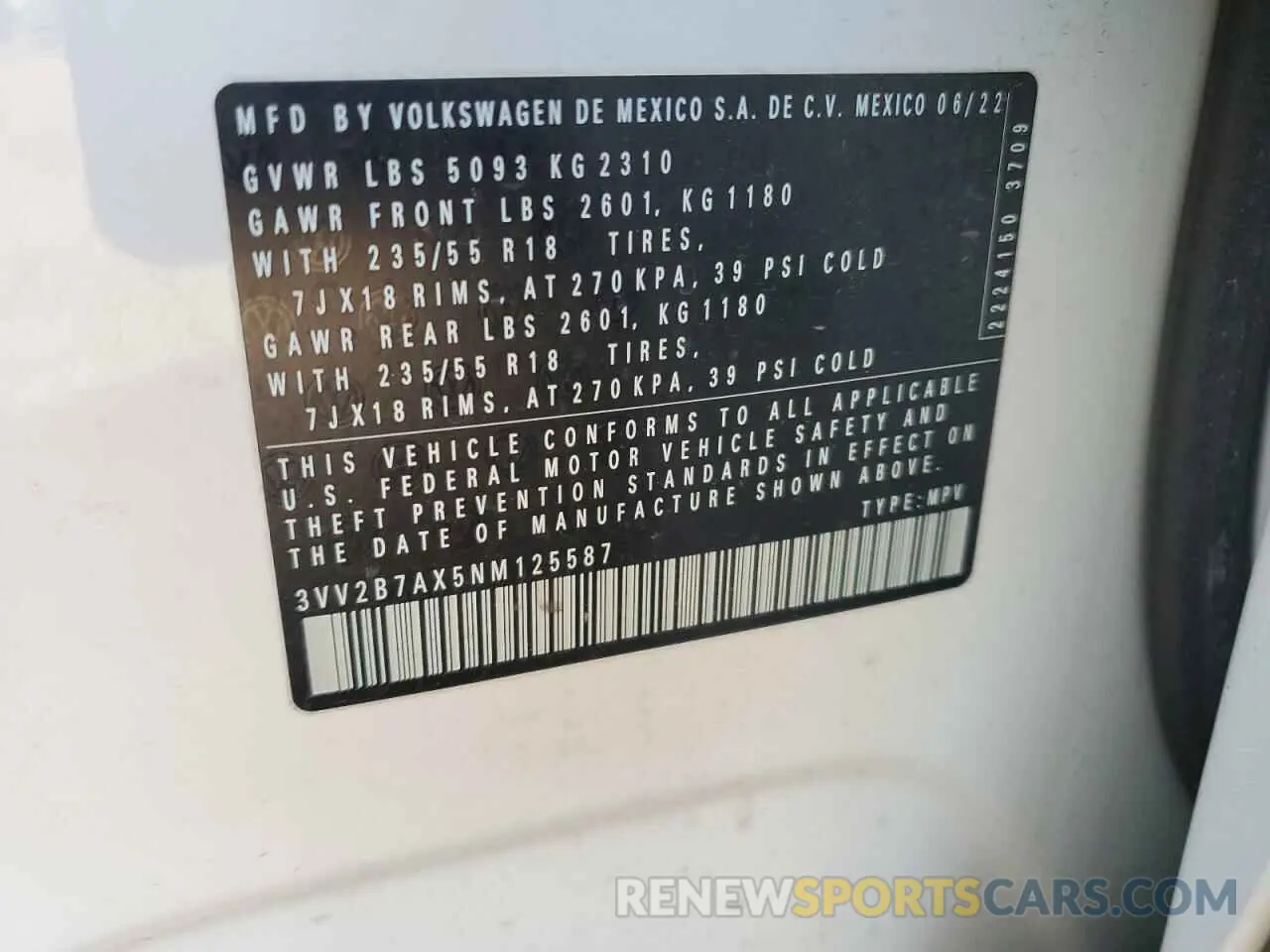 13 Photograph of a damaged car 3VV2B7AX5NM125587 VOLKSWAGEN TIGUAN 2022