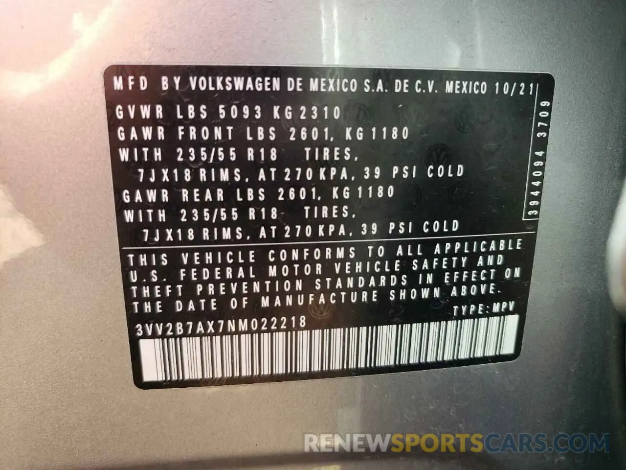 16 Photograph of a damaged car 3VV2B7AX7NM022218 VOLKSWAGEN TIGUAN 2022