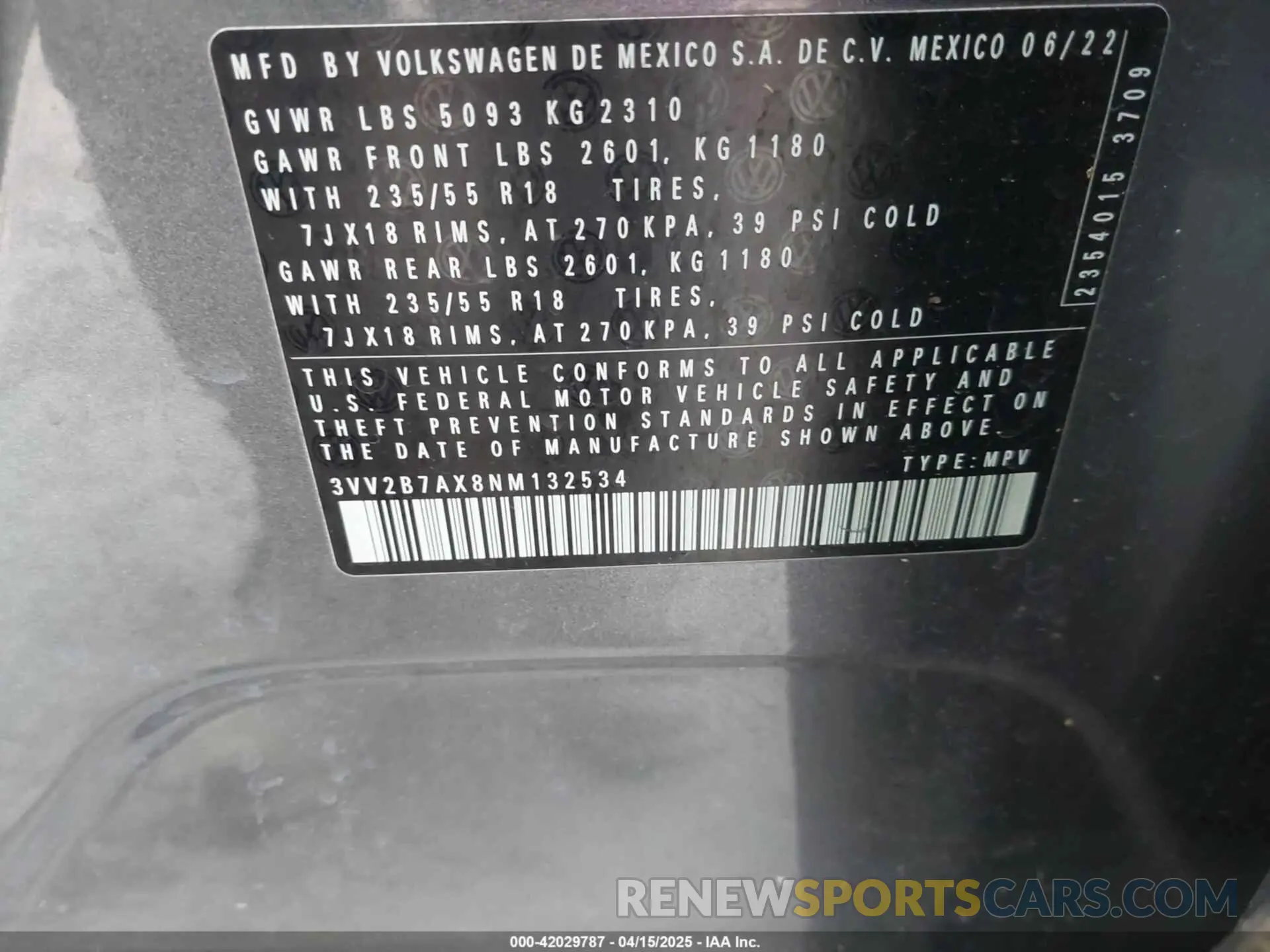 9 Photograph of a damaged car 3VV2B7AX8NM132534 VOLKSWAGEN TIGUAN 2022