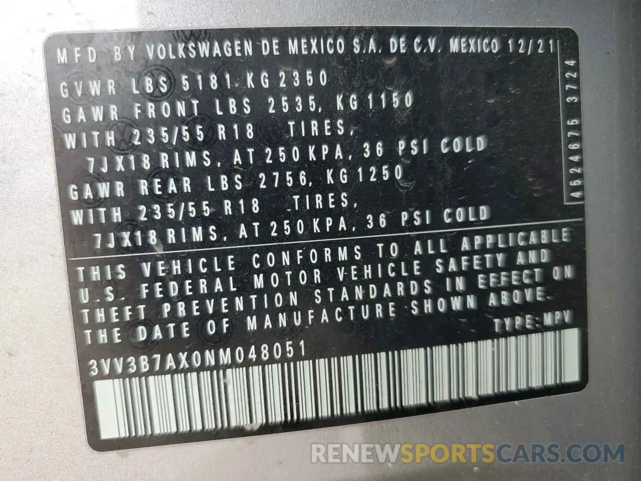 13 Photograph of a damaged car 3VV3B7AX0NM048051 VOLKSWAGEN TIGUAN 2022