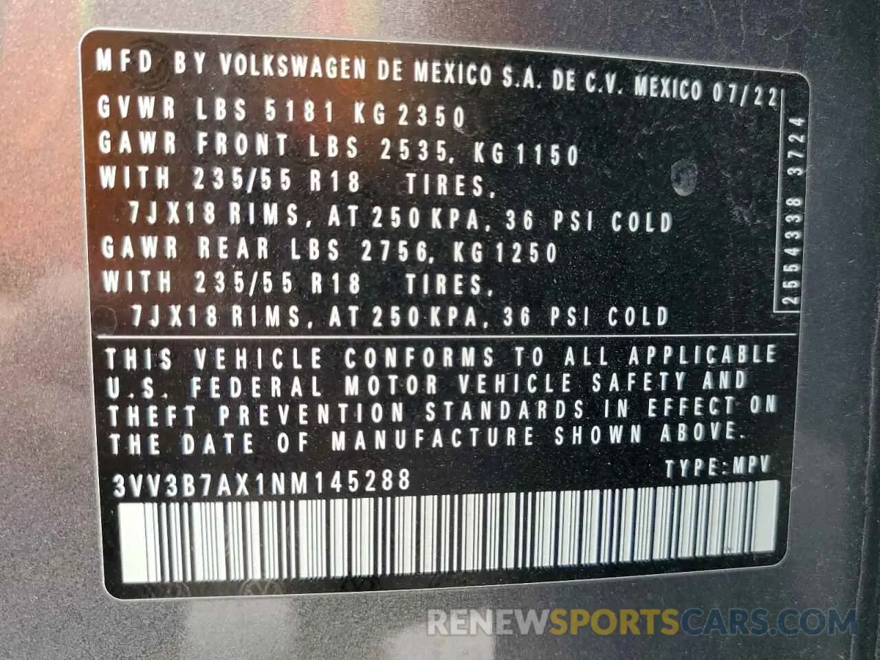 14 Photograph of a damaged car 3VV3B7AX1NM145288 VOLKSWAGEN TIGUAN 2022