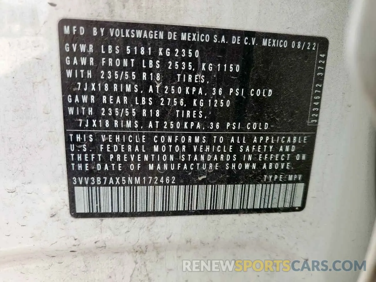 13 Photograph of a damaged car 3VV3B7AX5NM172462 VOLKSWAGEN TIGUAN 2022