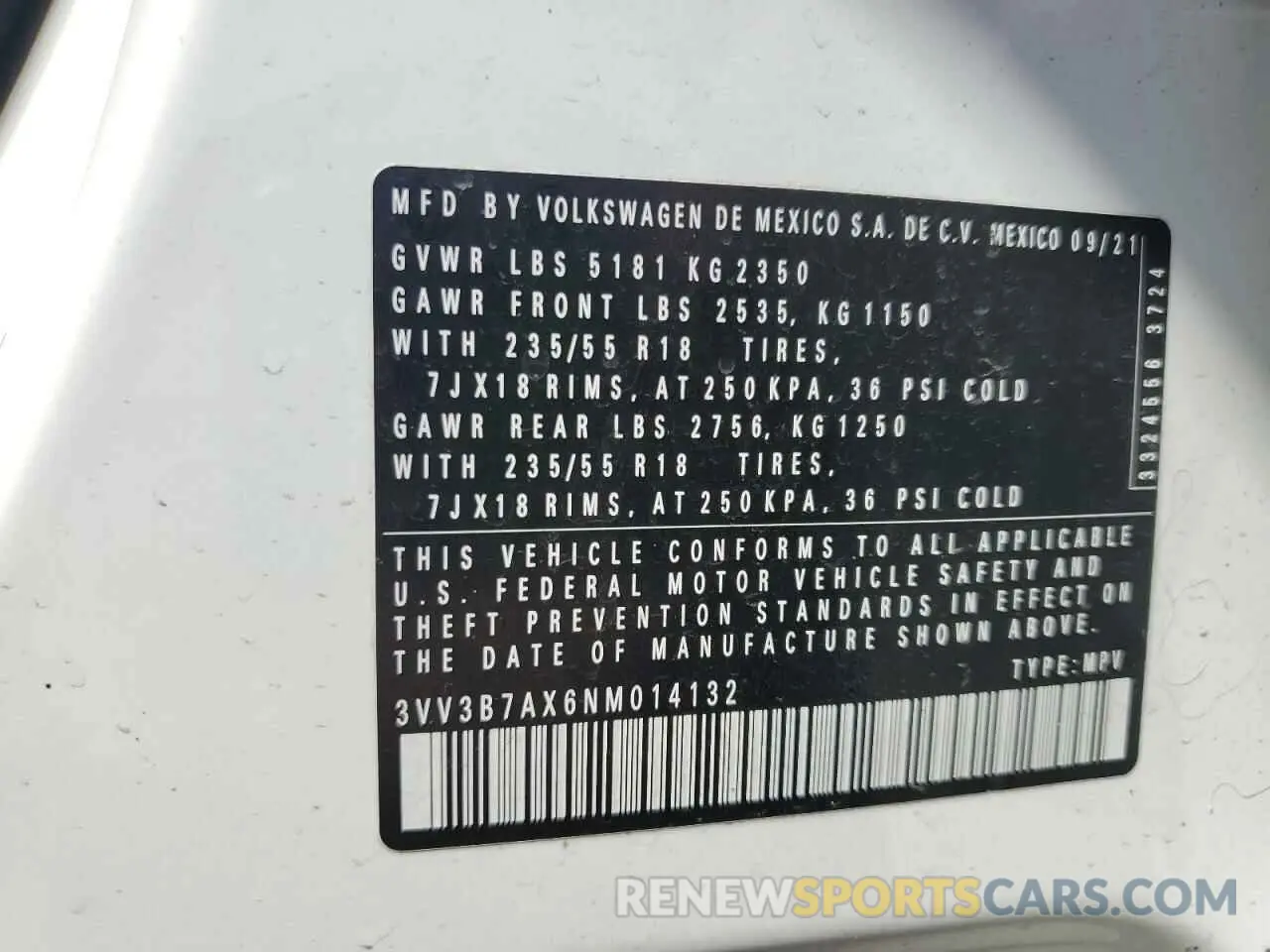14 Photograph of a damaged car 3VV3B7AX6NM014132 VOLKSWAGEN TIGUAN 2022