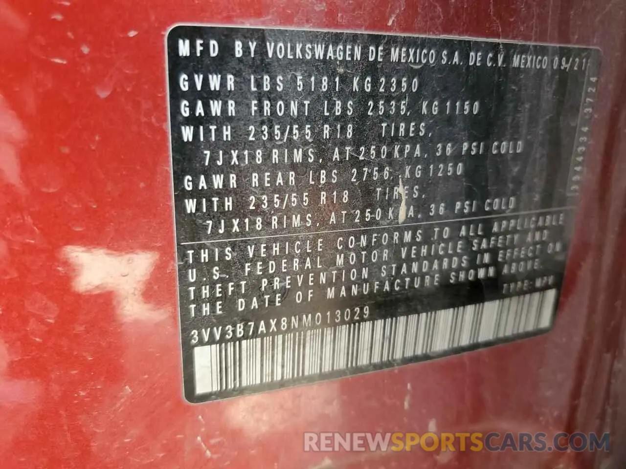 13 Photograph of a damaged car 3VV3B7AX8NM013029 VOLKSWAGEN TIGUAN 2022