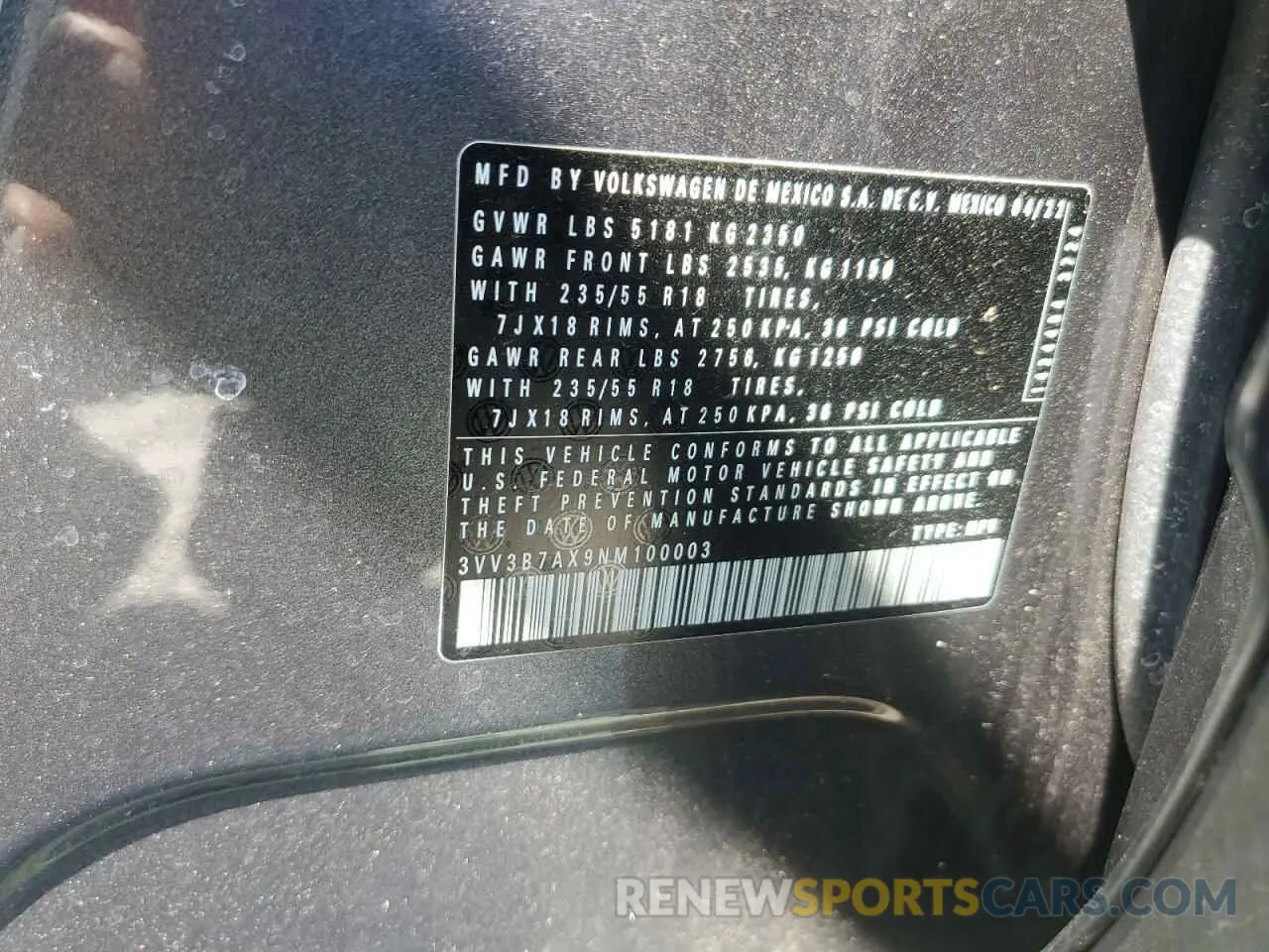13 Photograph of a damaged car 3VV3B7AX9NM100003 VOLKSWAGEN TIGUAN 2022