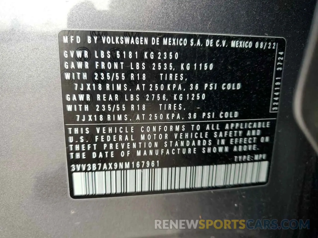 13 Photograph of a damaged car 3VV3B7AX9NM167961 VOLKSWAGEN TIGUAN 2022