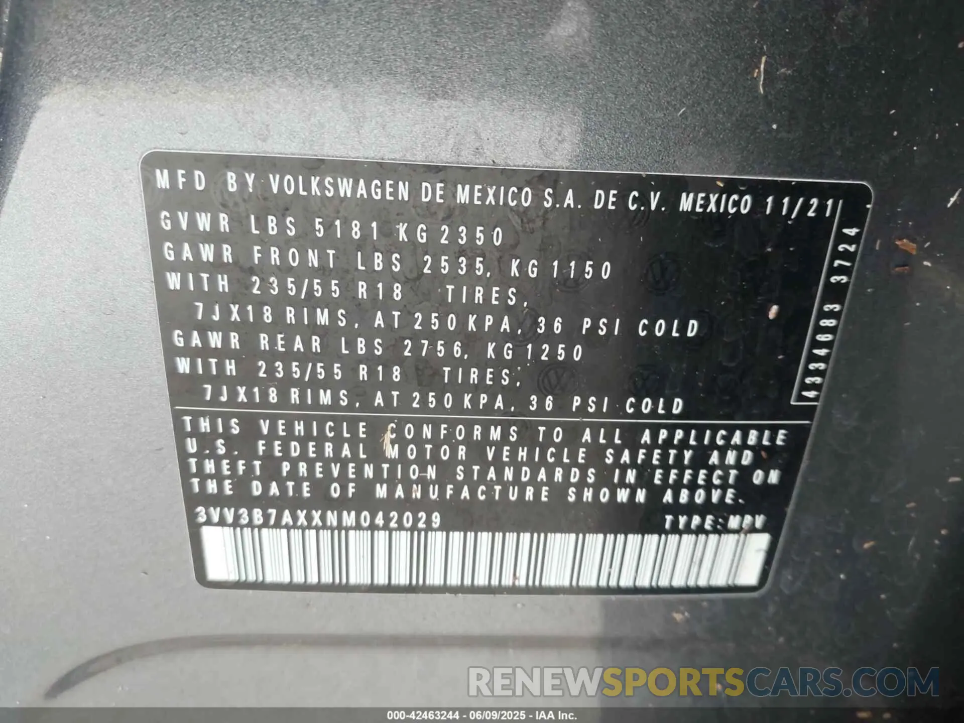 9 Photograph of a damaged car 3VV3B7AXXNM042029 VOLKSWAGEN TIGUAN 2022