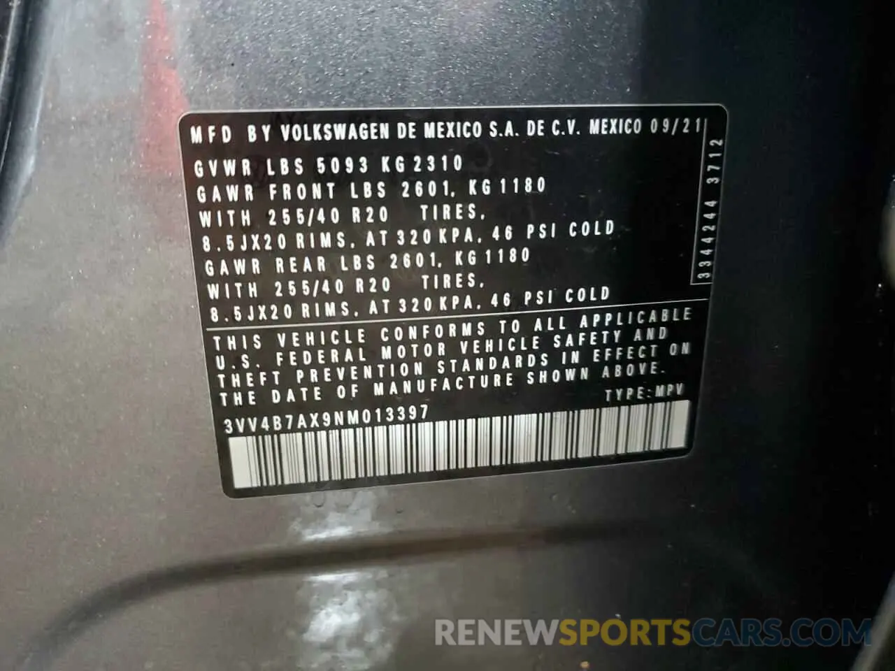 12 Photograph of a damaged car 3VV4B7AX9NM013397 VOLKSWAGEN TIGUAN 2022
