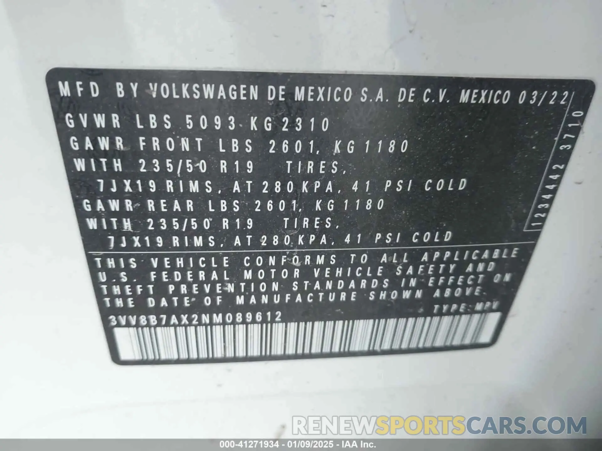 9 Photograph of a damaged car 3VV8B7AX2NM089612 VOLKSWAGEN TIGUAN 2022