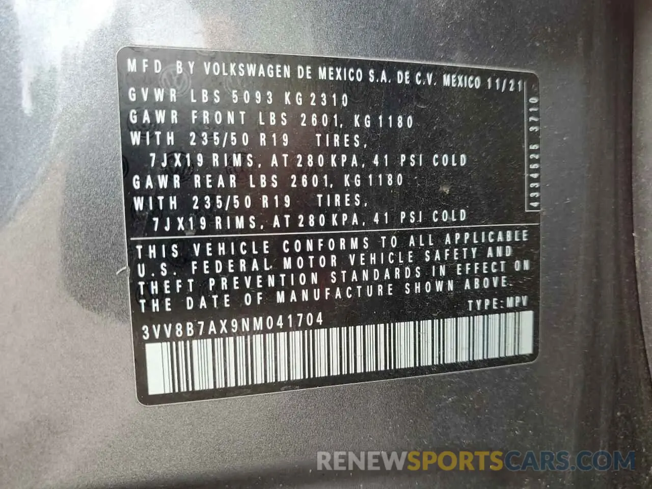 14 Photograph of a damaged car 3VV8B7AX9NM041704 VOLKSWAGEN TIGUAN 2022