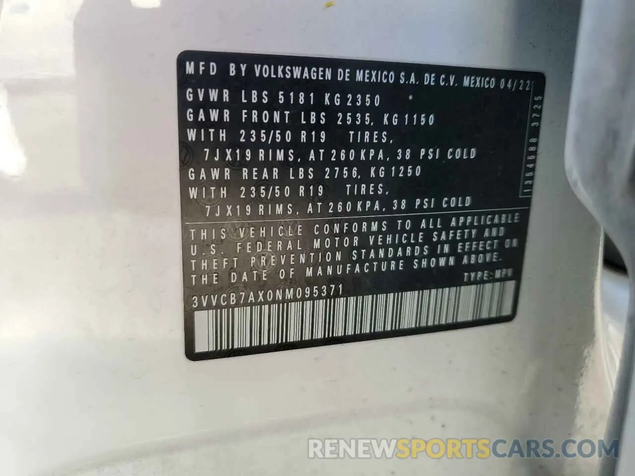 13 Photograph of a damaged car 3VVCB7AX0NM095371 VOLKSWAGEN TIGUAN 2022