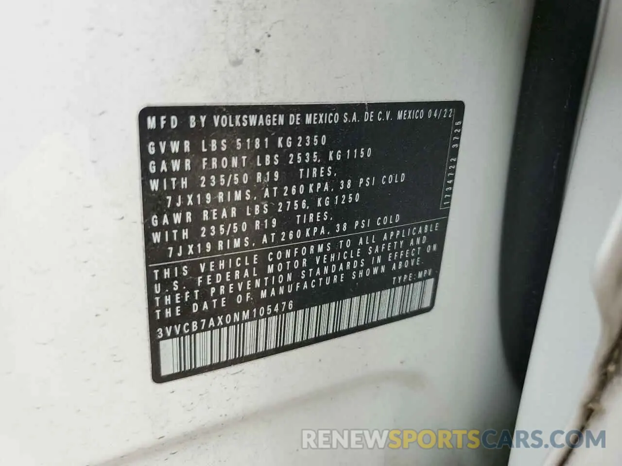 13 Photograph of a damaged car 3VVCB7AX0NM105476 VOLKSWAGEN TIGUAN 2022