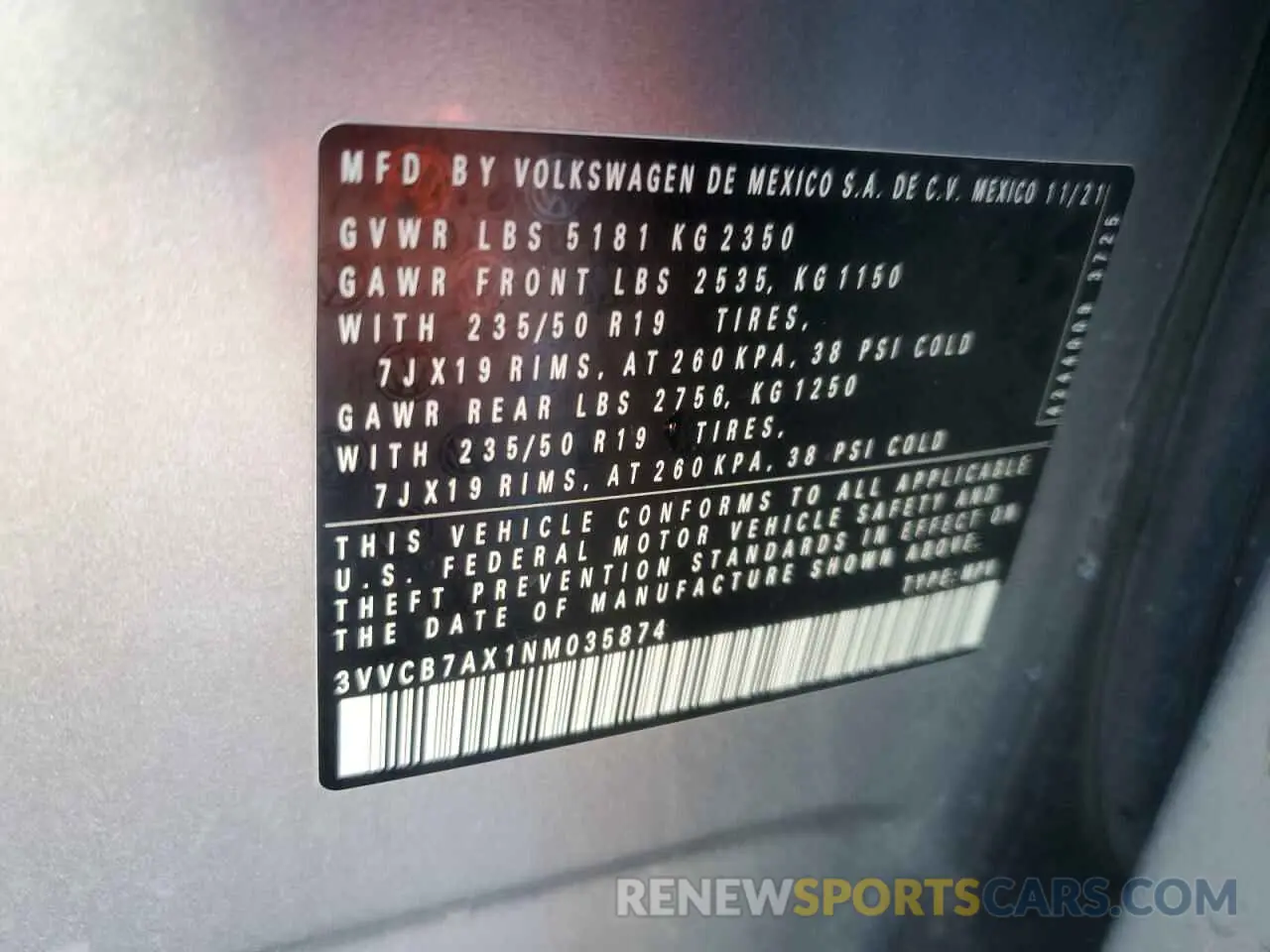 15 Photograph of a damaged car 3VVCB7AX1NM035874 VOLKSWAGEN TIGUAN 2022