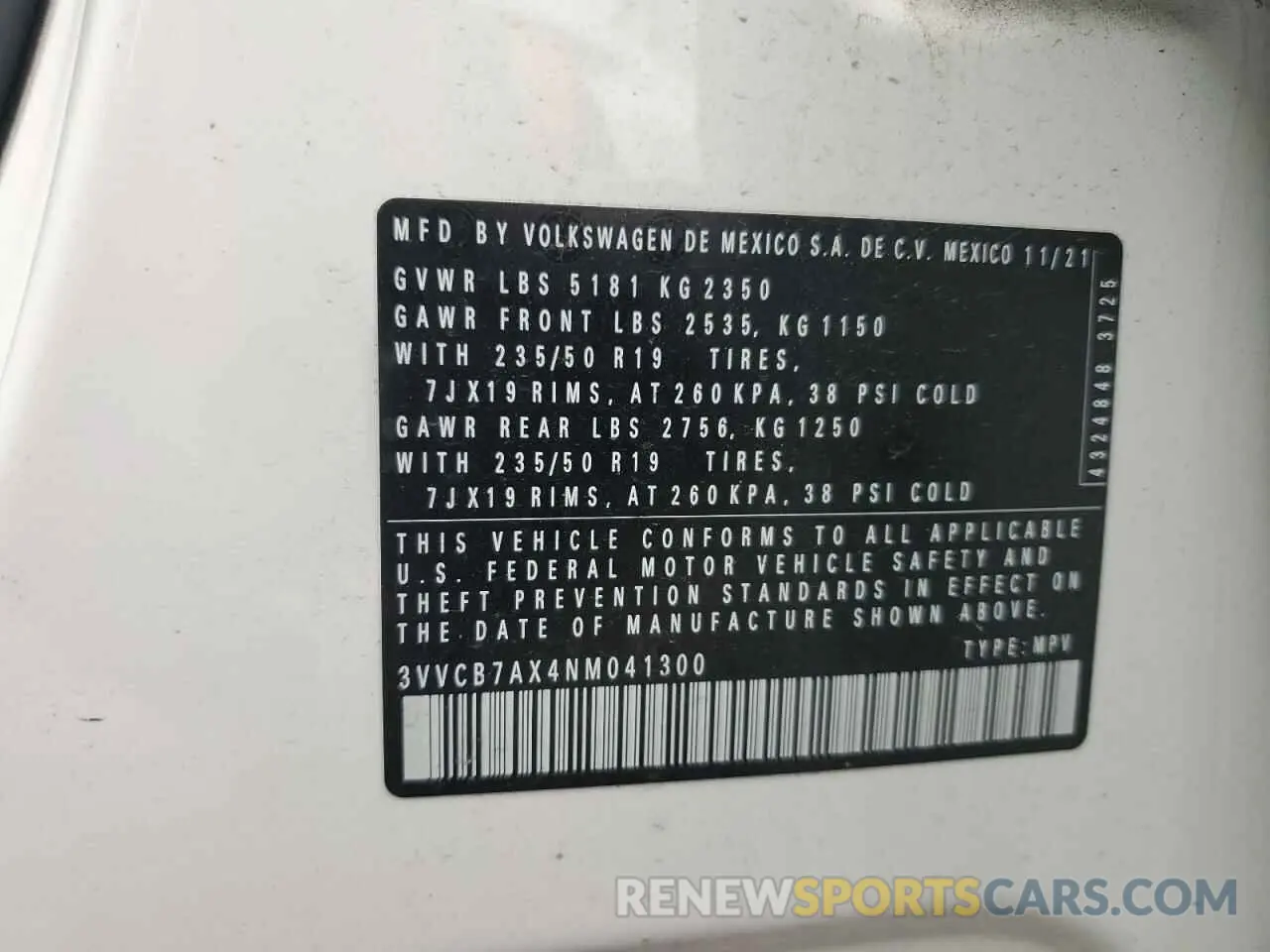 13 Photograph of a damaged car 3VVCB7AX4NM041300 VOLKSWAGEN TIGUAN 2022
