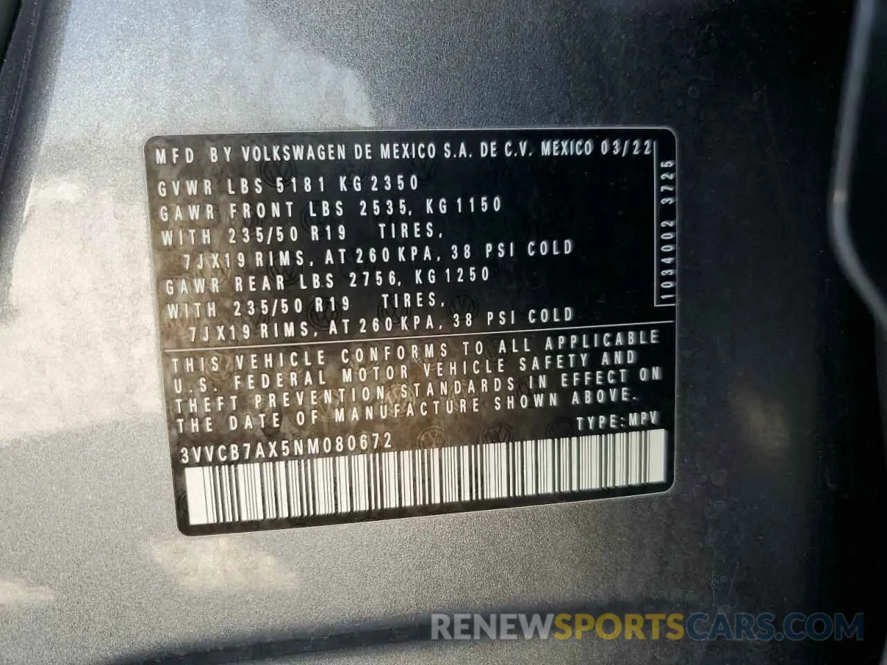 14 Photograph of a damaged car 3VVCB7AX5NM080672 VOLKSWAGEN TIGUAN 2022