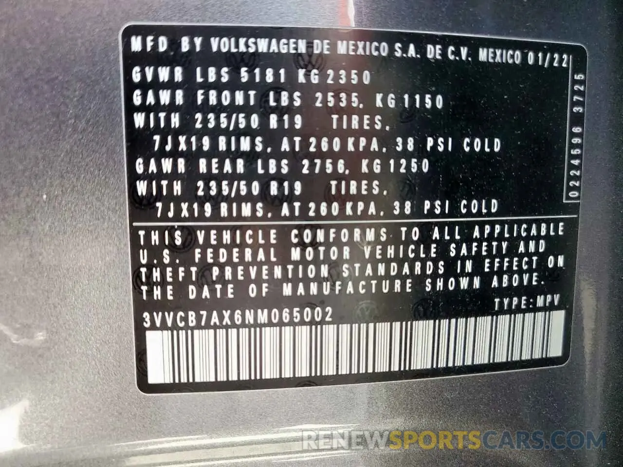 15 Photograph of a damaged car 3VVCB7AX6NM065002 VOLKSWAGEN TIGUAN 2022