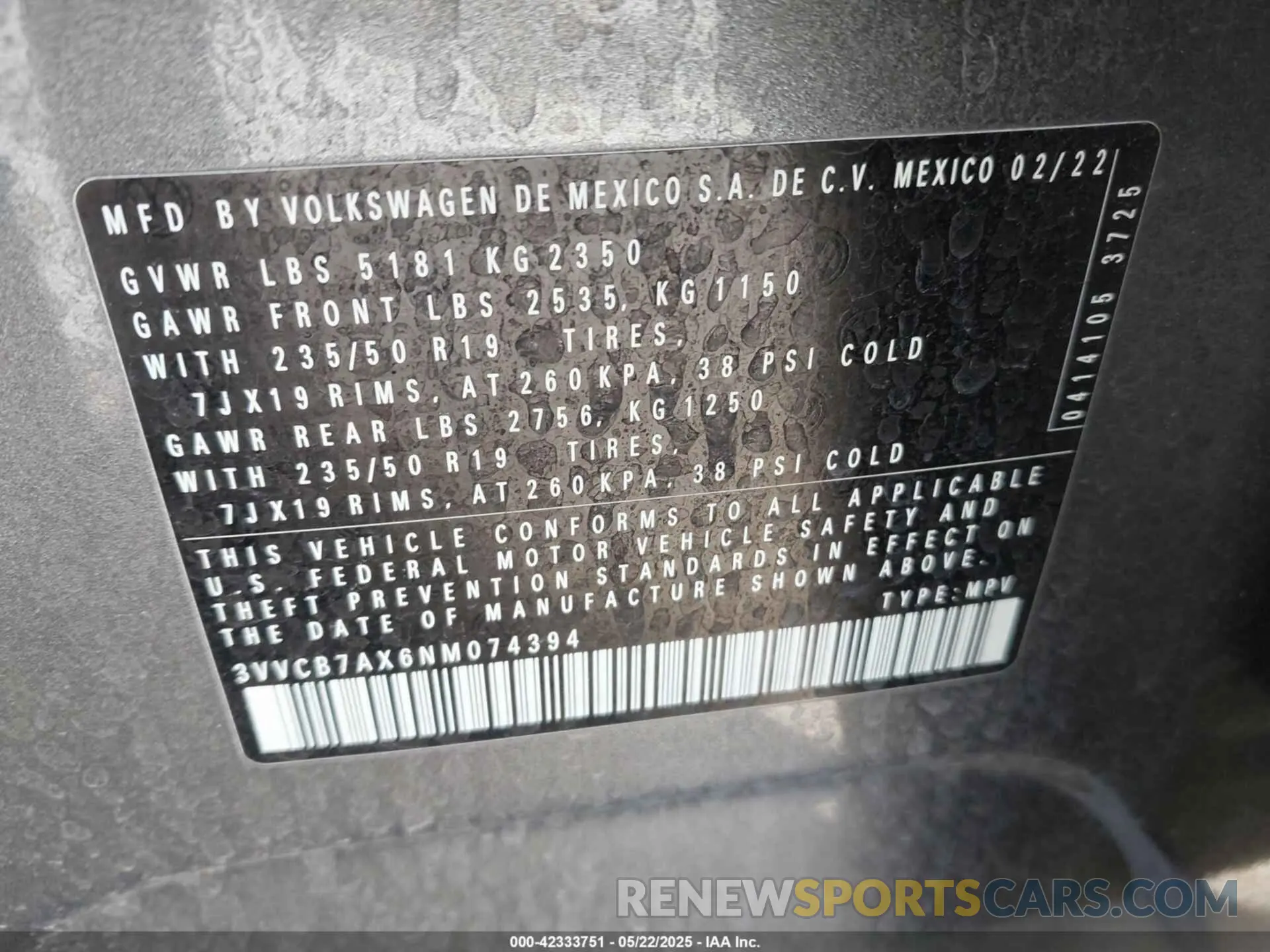 9 Photograph of a damaged car 3VVCB7AX6NM074394 VOLKSWAGEN TIGUAN 2022