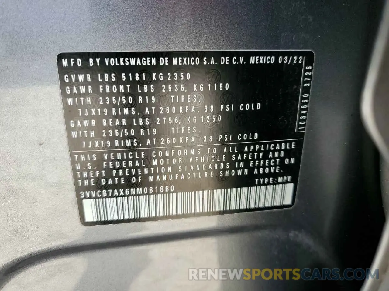 13 Photograph of a damaged car 3VVCB7AX6NM081880 VOLKSWAGEN TIGUAN 2022